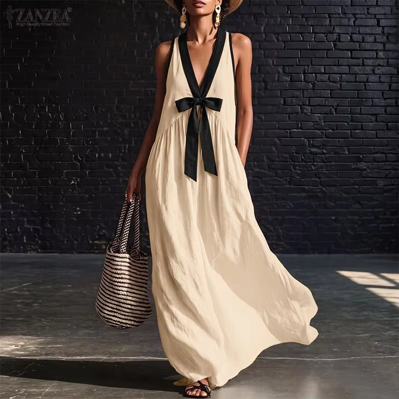 ChicValue Color-Block Draped-Neck Dress | Vivid Sleeveless Style