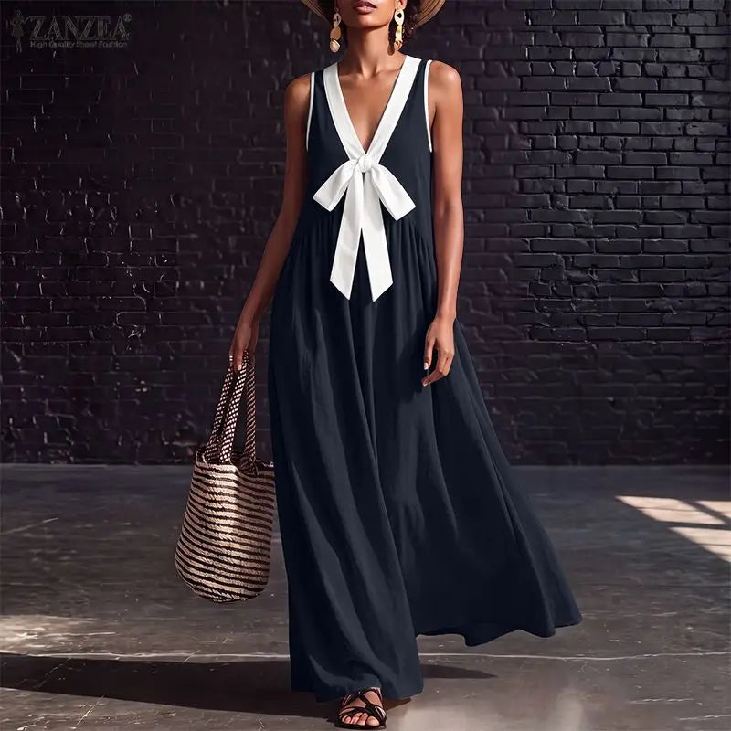 ChicValue Color-Block Draped-Neck Dress | Vivid Sleeveless Style